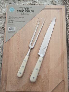 Martha Stewart Beech Wood Cutting Board Set with Cream-Handled Knife & Fork